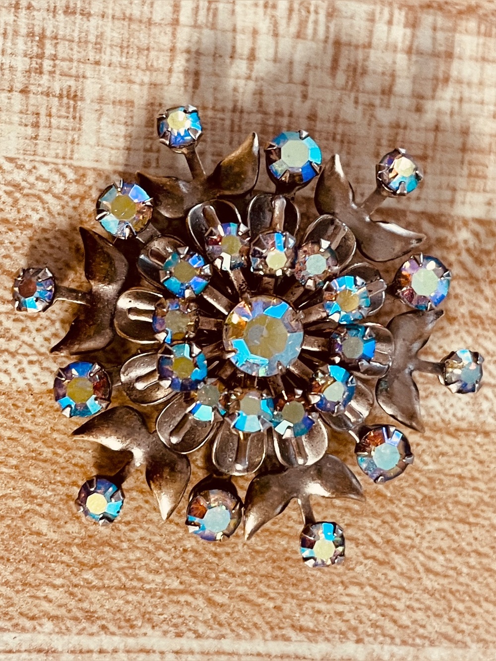 Aurora Crystal Floral Brooch - Blue Iridescent Sparkle